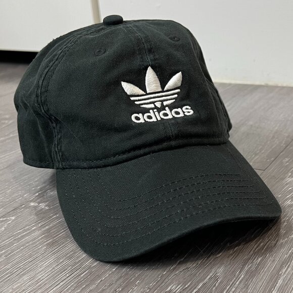 🧢 Adidas Originals Black Trefoil Logo Strapback Hat - Picture 1 of 8